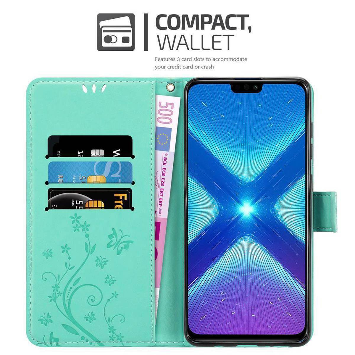 Cadorabo Hülle für Honor 8X Schutz Hülle in Türkis Schutzhülle Handy Hülle Etui Case Blumen Flower