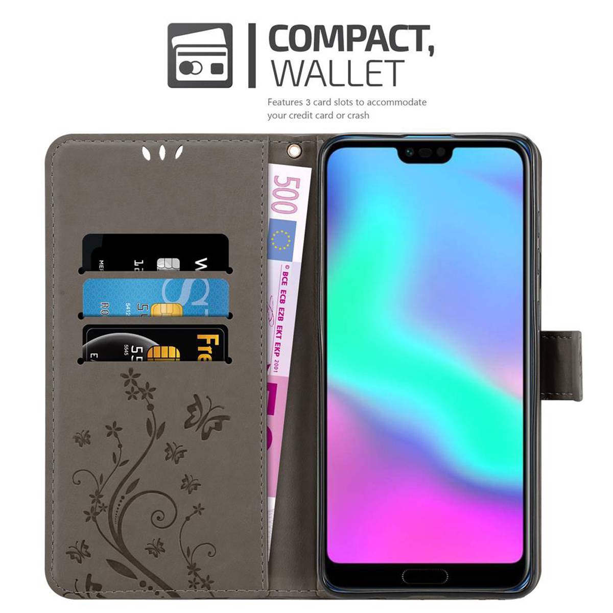 Cadorabo Hülle für Honor 10 Schutz Hülle in Grau Schutzhülle Handy Hülle Etui Case Blumen Flower