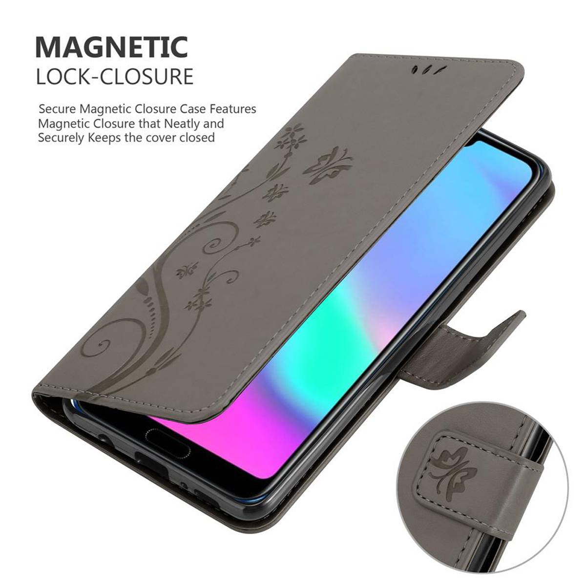 Cadorabo Hülle für Honor 10 Schutz Hülle in Grau Schutzhülle Handy Hülle Etui Case Blumen Flower