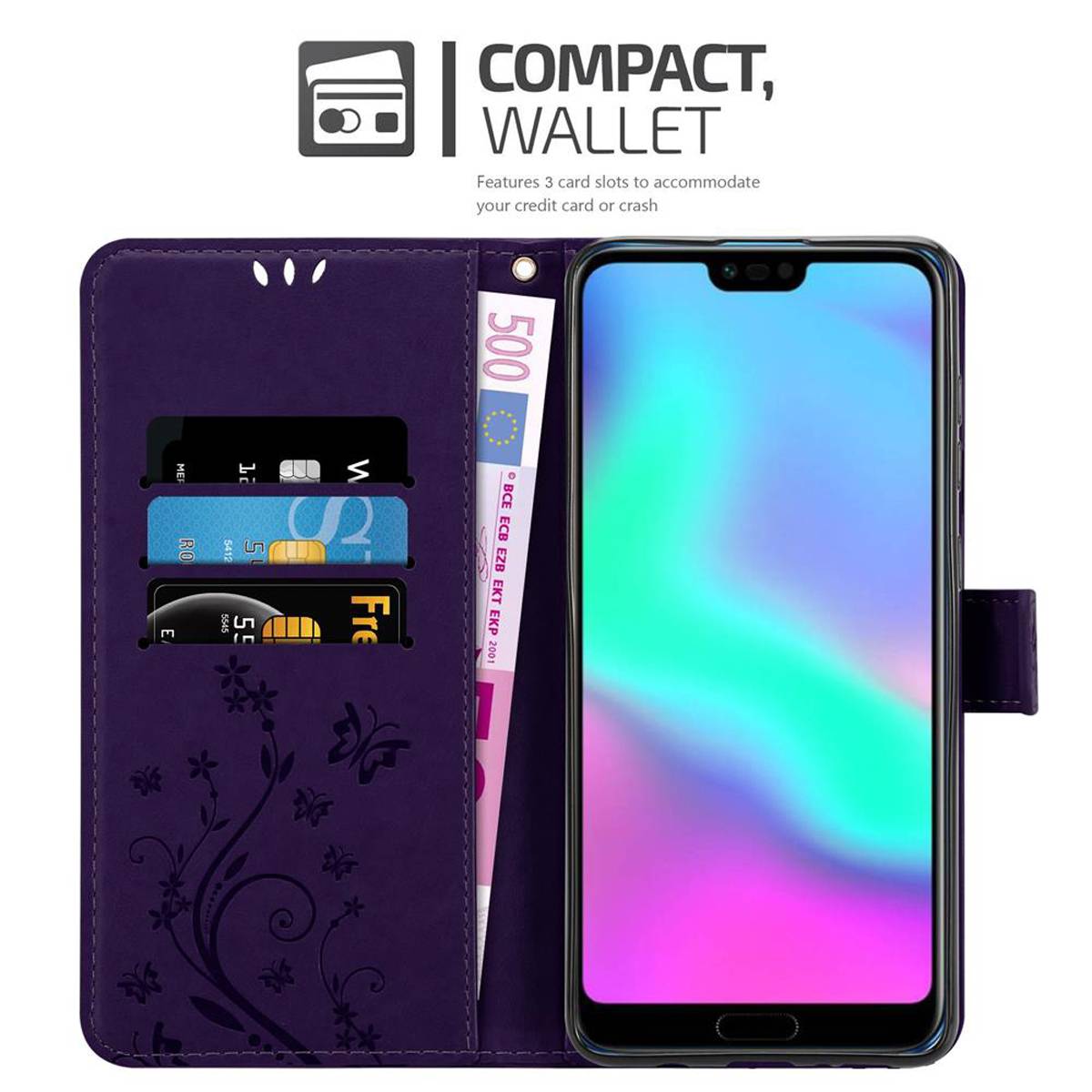 Cadorabo Hülle für Honor 10 Schutz Hülle in Lila Schutzhülle Handy Hülle Etui Case Blumen Flower