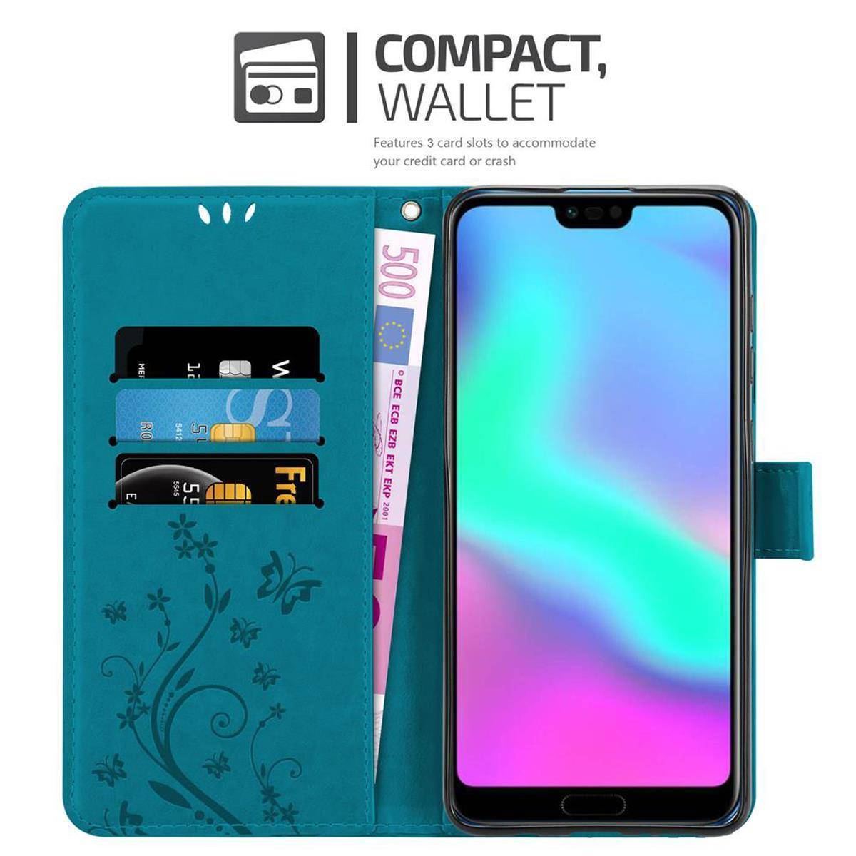 Cadorabo Hülle für Honor 10 Schutz Hülle in Blau Schutzhülle Handy Hülle Etui Case Blumen Flower