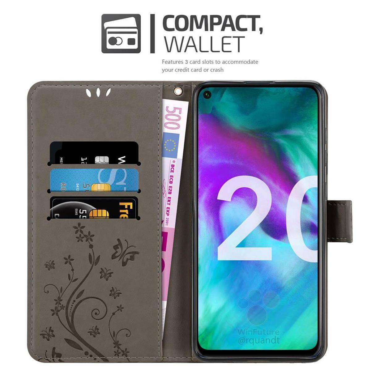 Cadorabo Hülle für Honor 20 / 20S / Huawei NOVA 5T Schutz Hülle in Grau Schutzhülle Handy Hülle Etui Case Blumen Flower