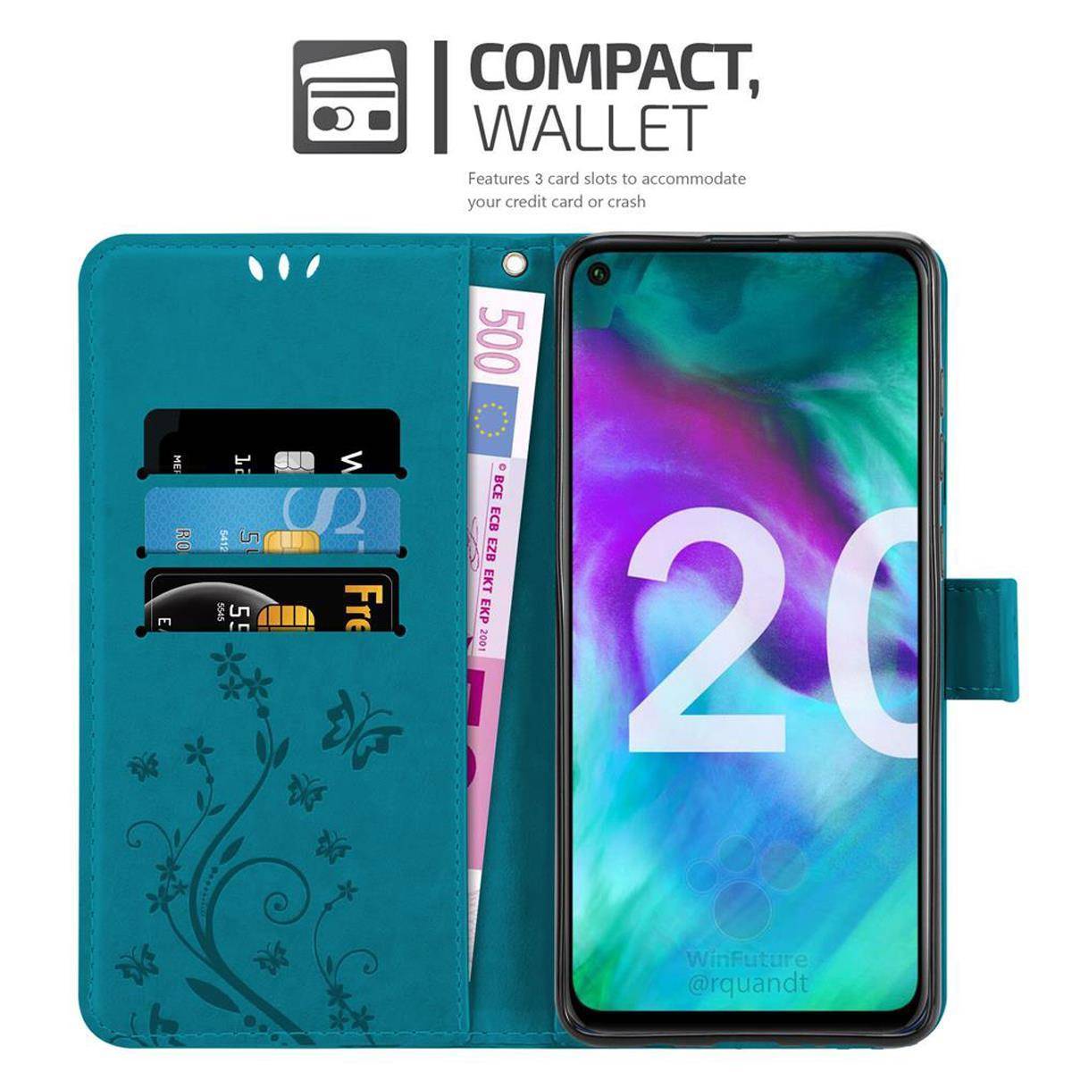 Cadorabo Hülle für Honor 20 / 20S / Huawei NOVA 5T Schutz Hülle in Blau Schutzhülle Handy Hülle Etui Case Blumen Flower