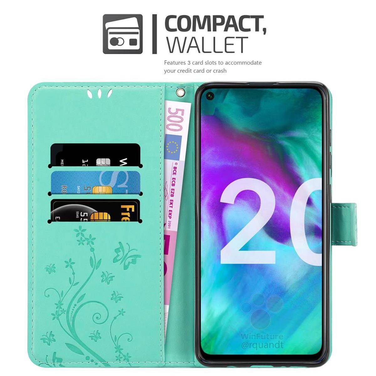 Cadorabo Hülle für Honor 20 / 20S / Huawei NOVA 5T Schutz Hülle in Türkis Schutzhülle Handy Hülle Etui Case Blumen