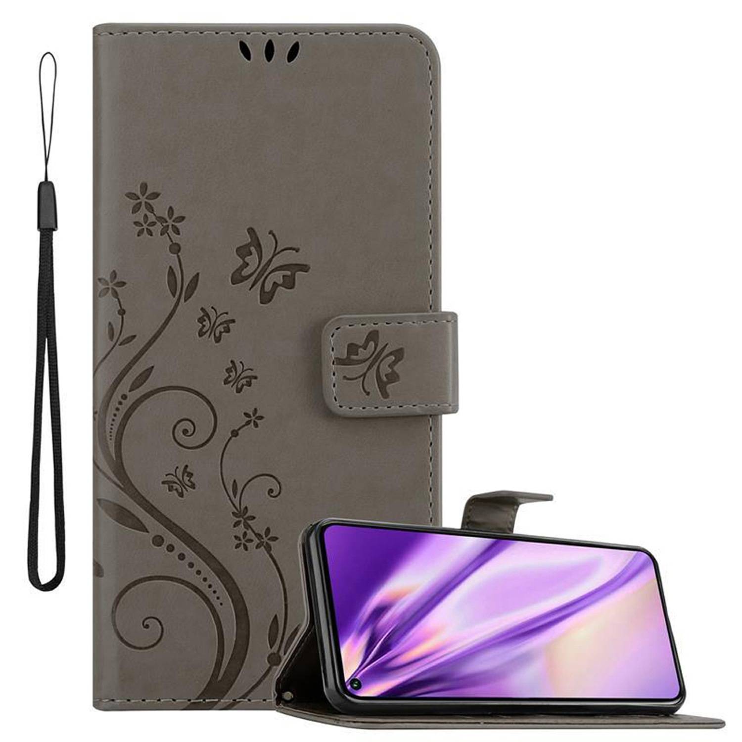 Cadorabo Hülle für Honor 20 PRO Schutz Hülle in Grau Schutzhülle Handy Hülle Etui Case Blumen Flower
