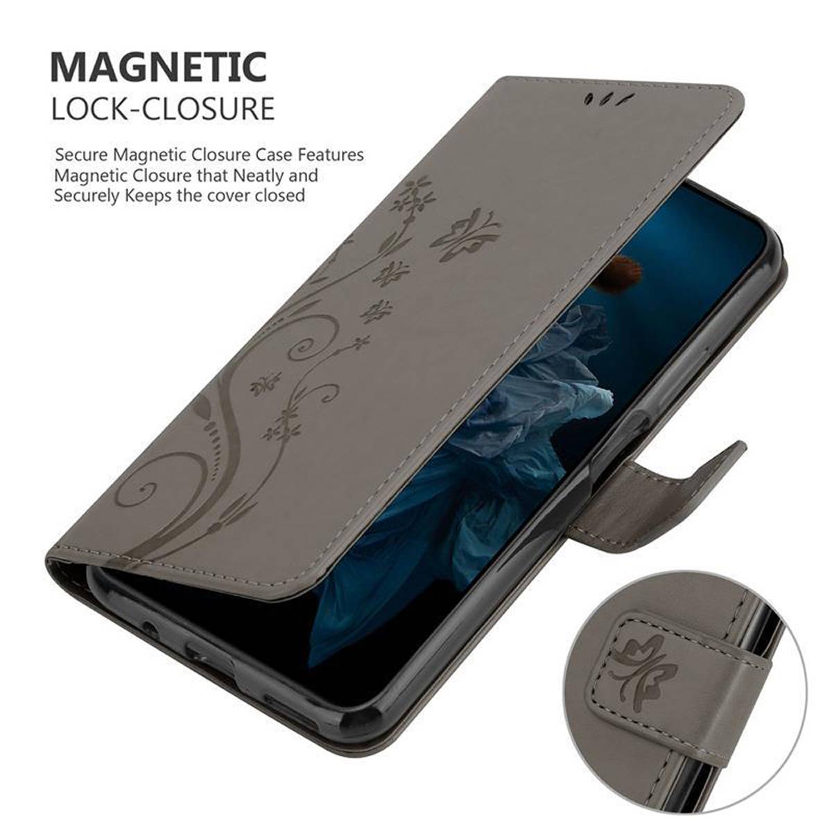 Cadorabo Hülle für Honor 20 PRO Schutz Hülle in Grau Schutzhülle Handy Hülle Etui Case Blumen Flower