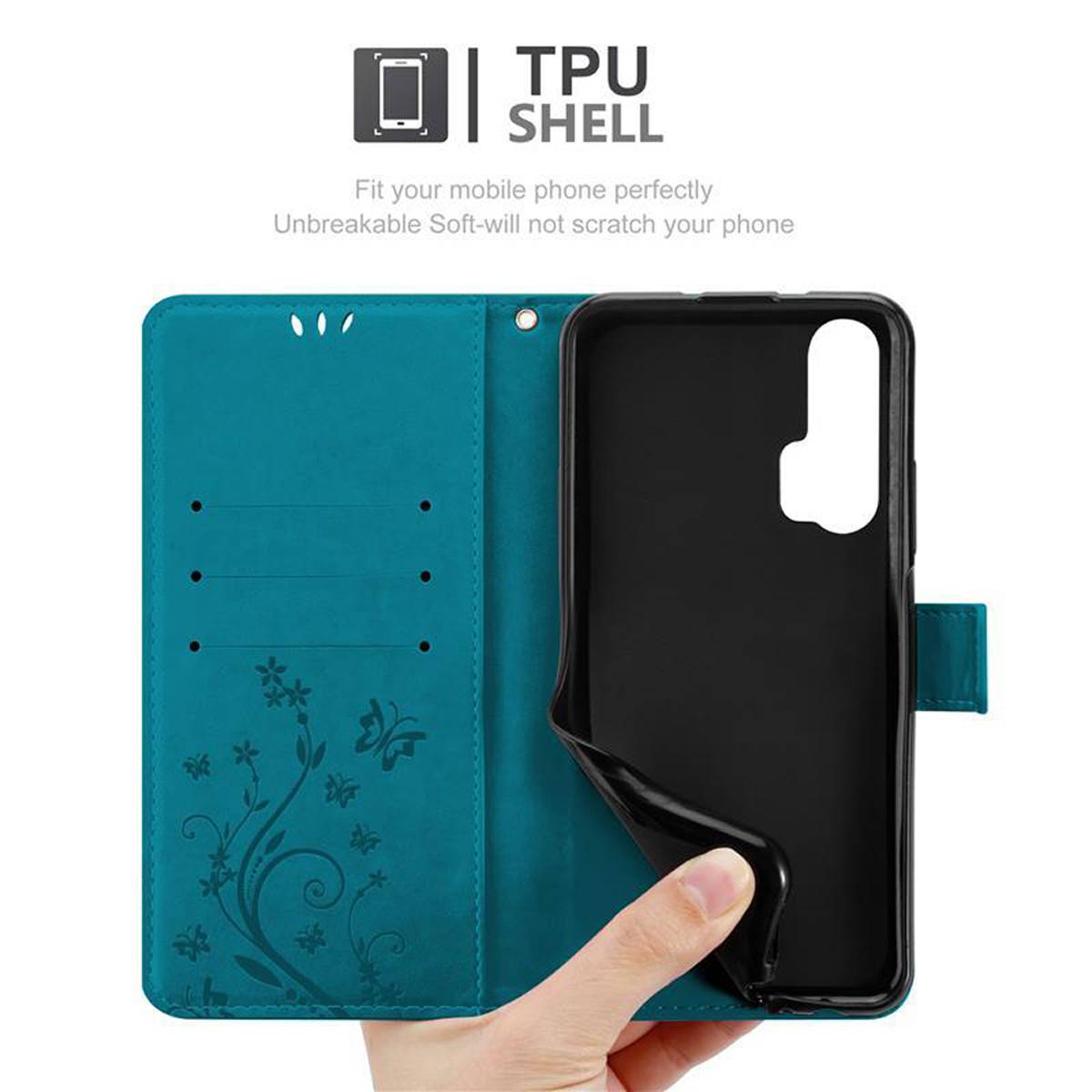 Cadorabo Hülle für Honor 20 PRO Schutz Hülle in Blau Schutzhülle Handy Hülle Etui Case Blumen Flower