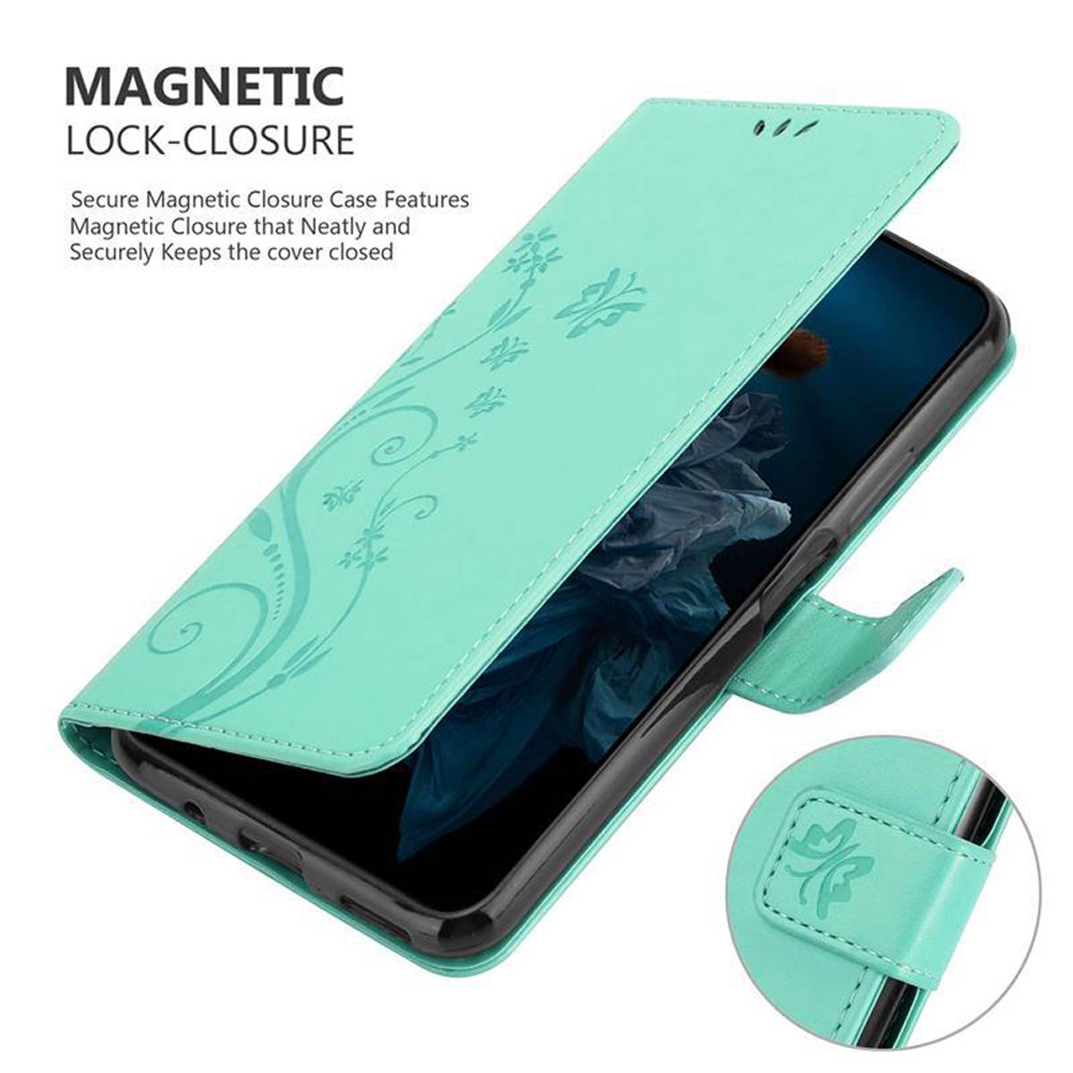 Cadorabo Hülle für Honor 20 PRO Schutz Hülle in Türkis Schutzhülle Handy Hülle Etui Case Blumen Flower