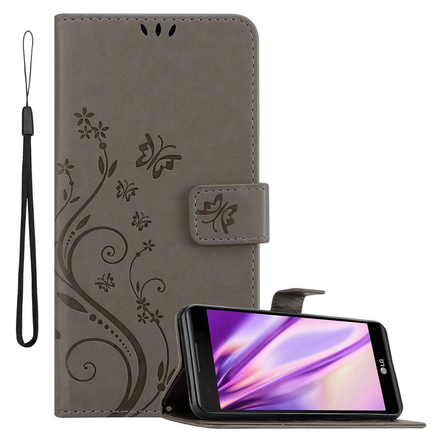 Cadorabo Hülle für LG X POWER Schutz Hülle in Grau Schutzhülle Handy Hülle Etui Case Blumen Flower