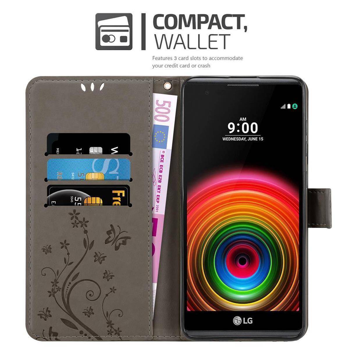 Cadorabo Hülle für LG X POWER Schutz Hülle in Grau Schutzhülle Handy Hülle Etui Case Blumen Flower