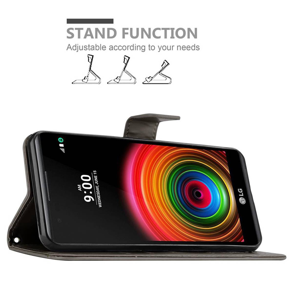Cadorabo Hülle für LG X POWER Schutz Hülle in Grau Schutzhülle Handy Hülle Etui Case Blumen Flower