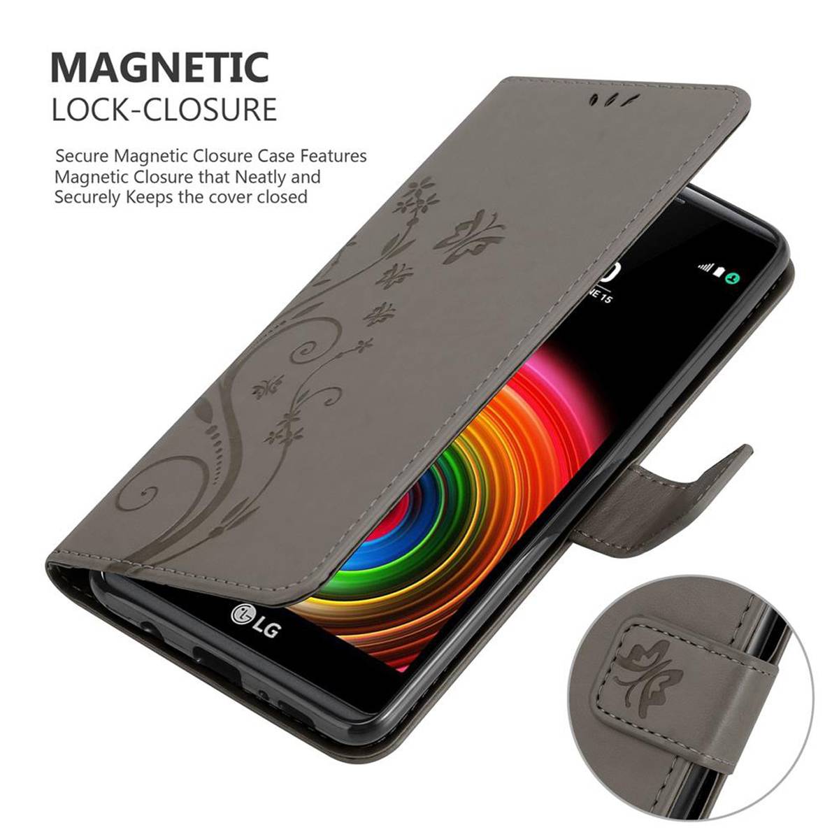 Cadorabo Hülle für LG X POWER Schutz Hülle in Grau Schutzhülle Handy Hülle Etui Case Blumen Flower