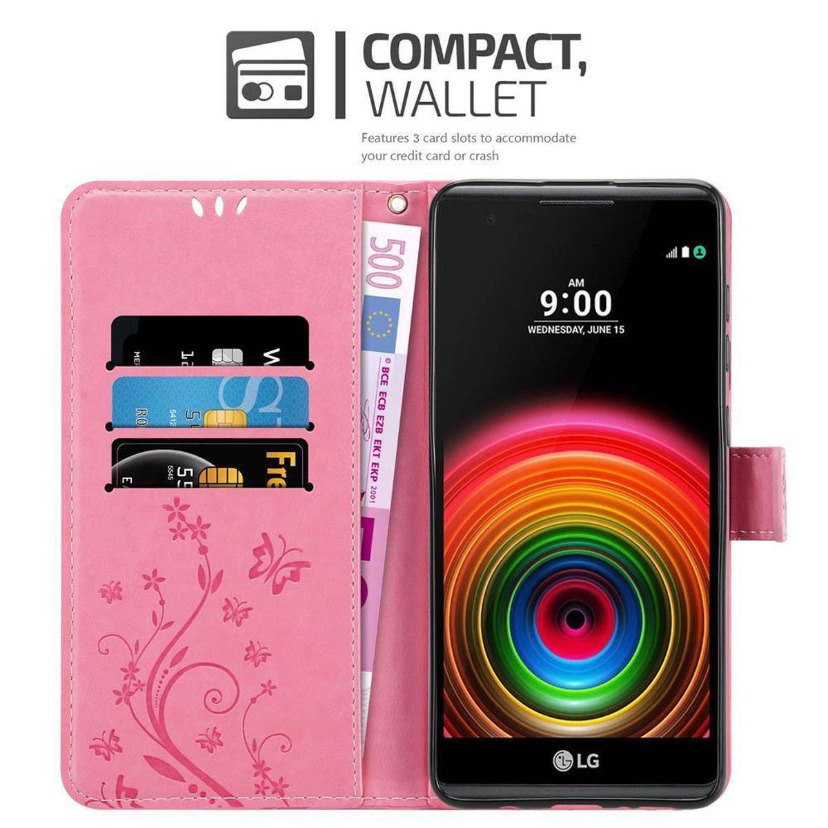 Cadorabo Hülle für LG X POWER Schutz Hülle in Rosa Schutzhülle Handy Hülle Etui Case Blumen Flower