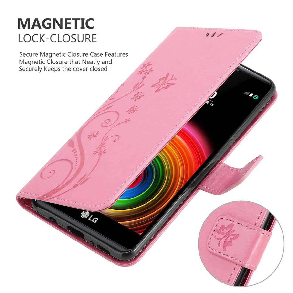 Cadorabo Hülle für LG X POWER Schutz Hülle in Rosa Schutzhülle Handy Hülle Etui Case Blumen Flower