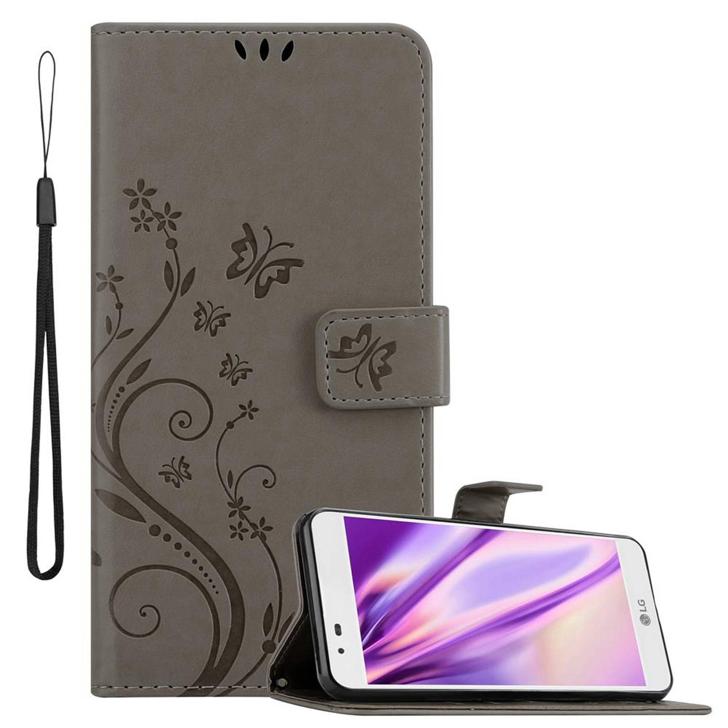 Cadorabo Hülle für LG K7 2016 Schutz Hülle in Grau Schutzhülle Handy Hülle Etui Case Blumen Flower