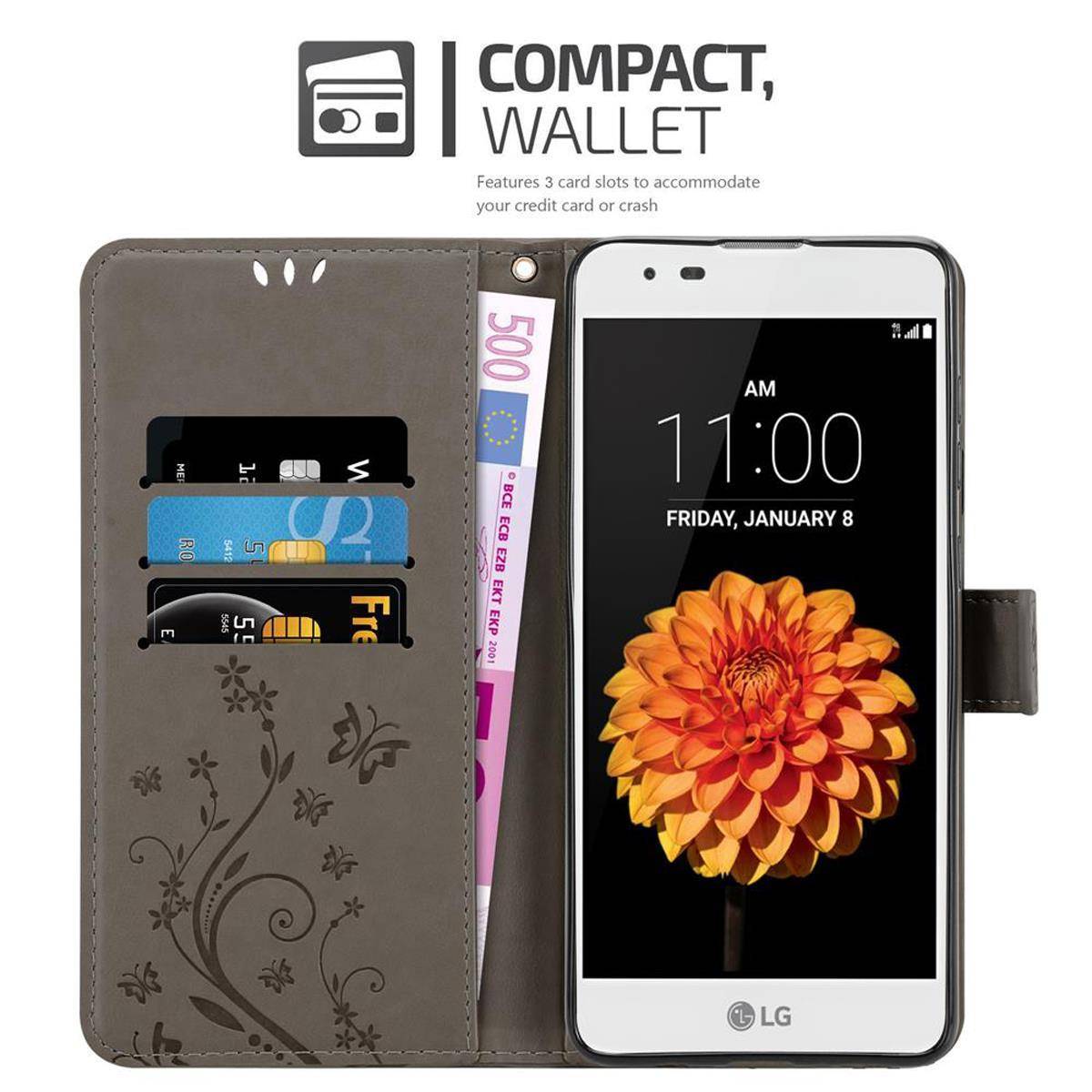 Cadorabo Hülle für LG K7 2016 Schutz Hülle in Grau Schutzhülle Handy Hülle Etui Case Blumen Flower