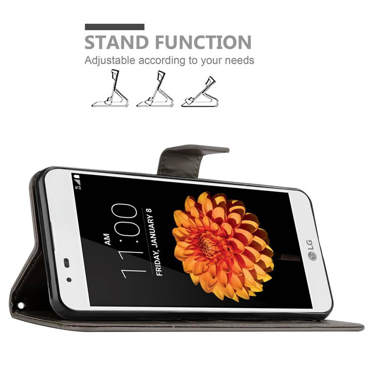 Cadorabo Hülle für LG K7 2016 Schutz Hülle in Grau Schutzhülle Handy Hülle Etui Case Blumen Flower