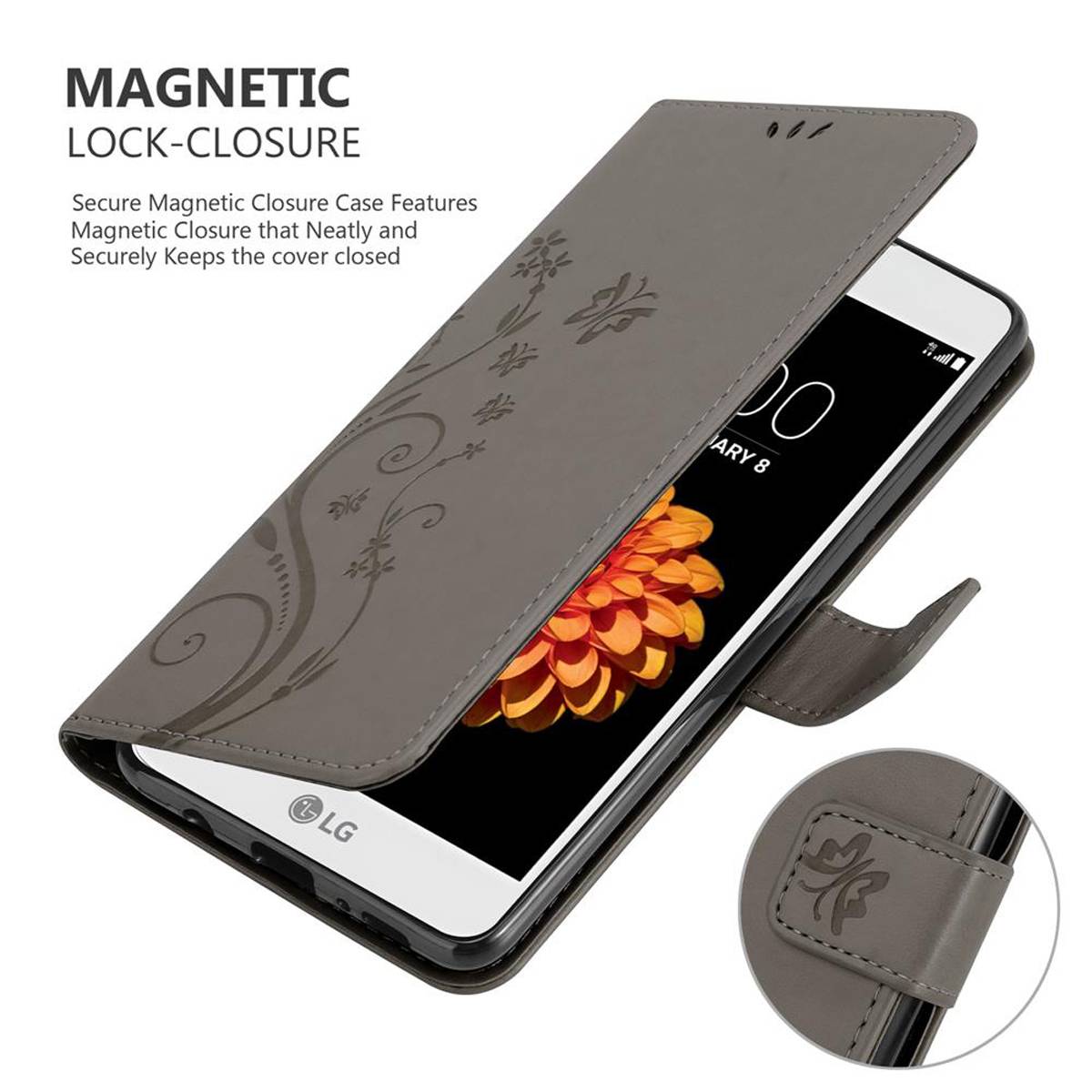 Cadorabo Hülle für LG K7 2016 Schutz Hülle in Grau Schutzhülle Handy Hülle Etui Case Blumen Flower