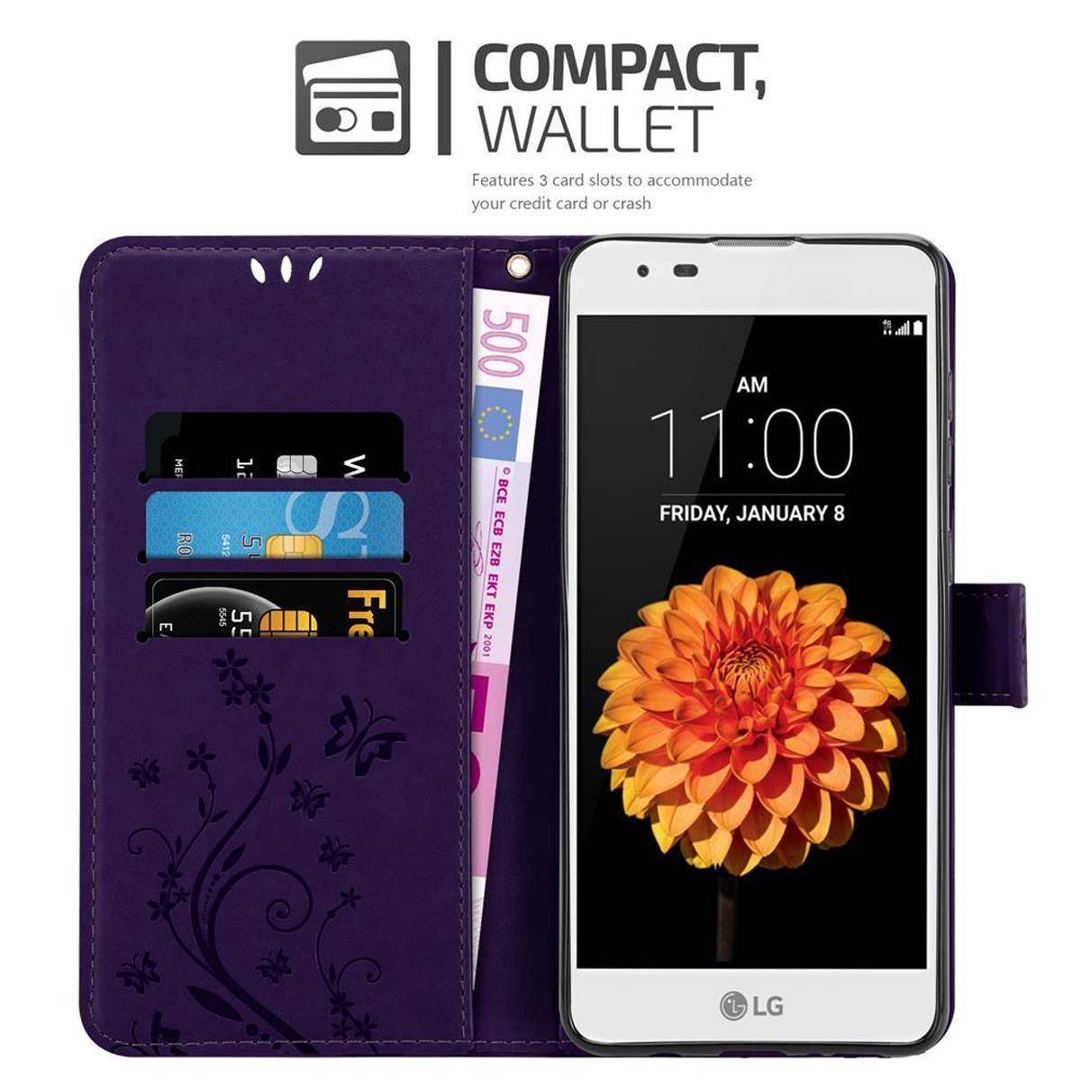 Cadorabo Hülle für LG K7 2016 Schutz Hülle in Lila Schutzhülle Handy Hülle Etui Case Blumen Flower