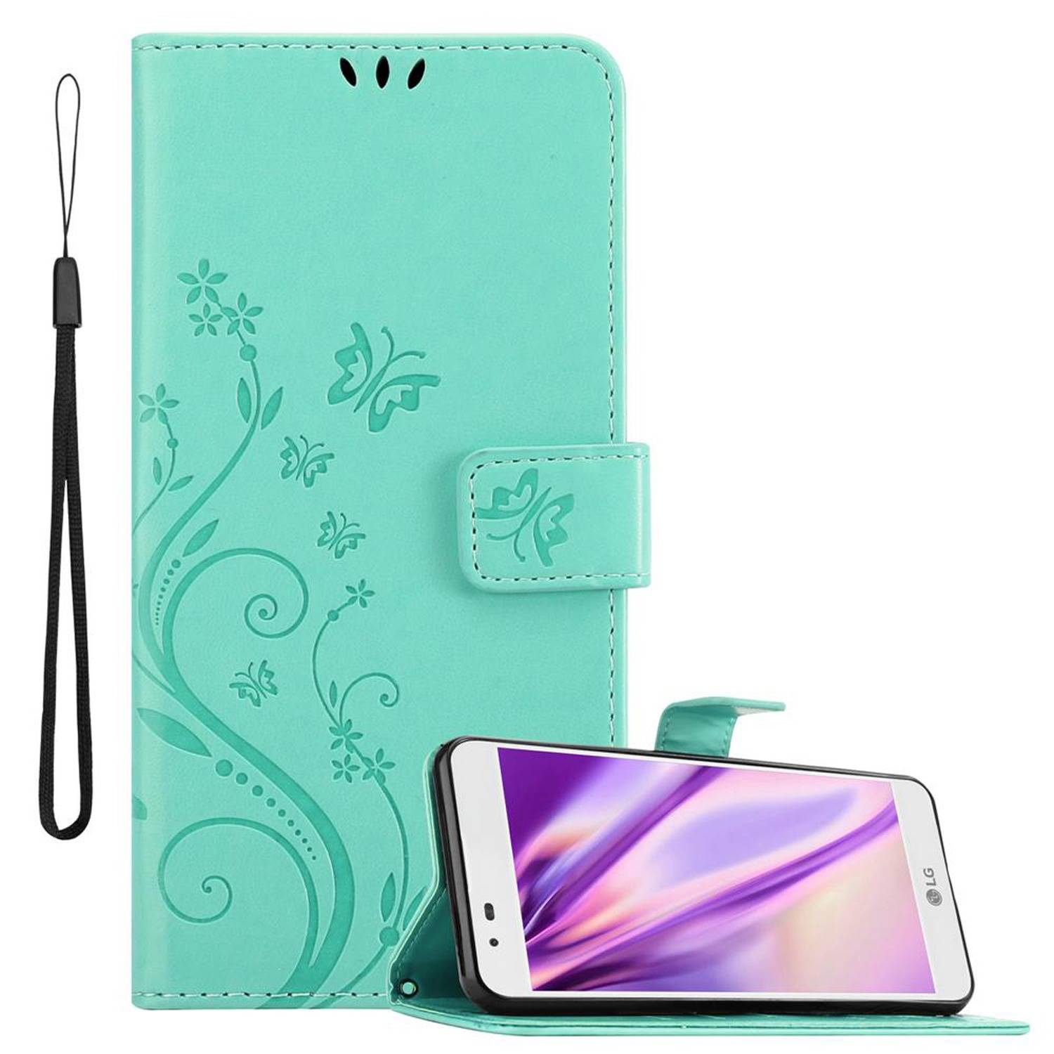 Cadorabo Hülle für LG K7 2016 Schutz Hülle in Türkis Schutzhülle Handy Hülle Etui Case Blumen Flower