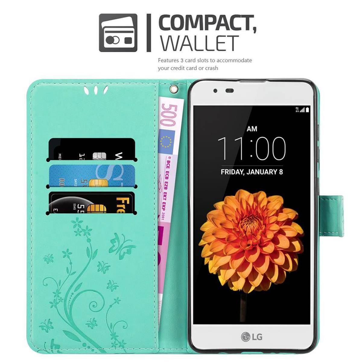 Cadorabo Hülle für LG K7 2016 Schutz Hülle in Türkis Schutzhülle Handy Hülle Etui Case Blumen Flower