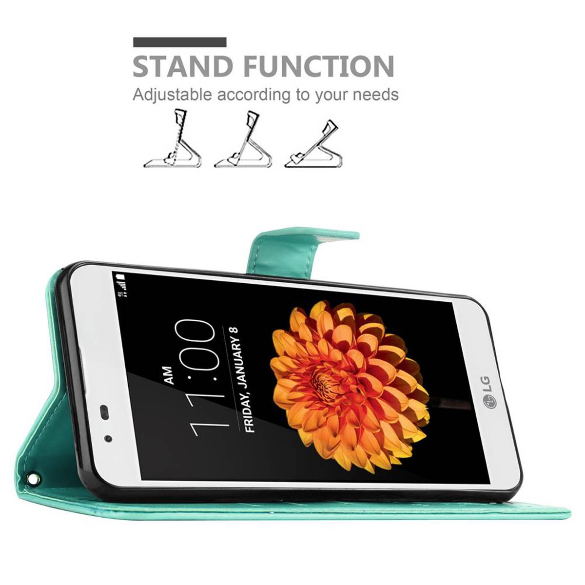 Cadorabo Hülle für LG K7 2016 Schutz Hülle in Türkis Schutzhülle Handy Hülle Etui Case Blumen Flower