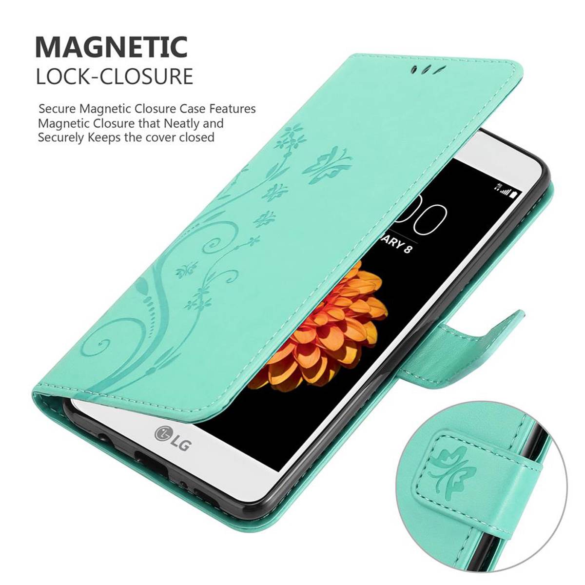 Cadorabo Hülle für LG K7 2016 Schutz Hülle in Türkis Schutzhülle Handy Hülle Etui Case Blumen Flower