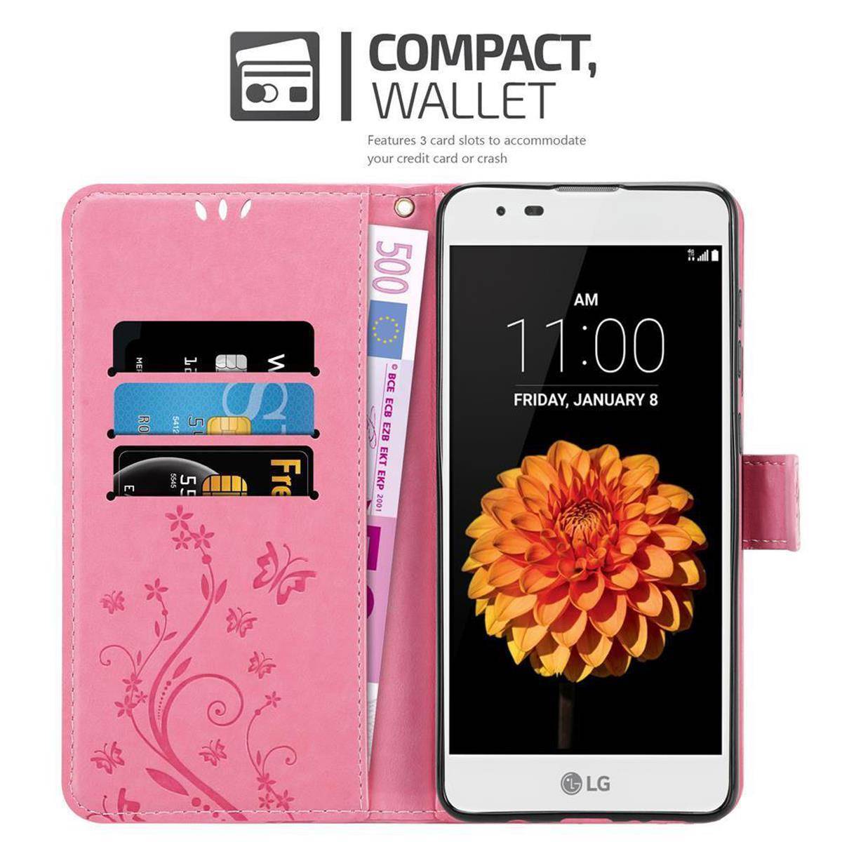 Cadorabo Hülle für LG K7 2016 Schutz Hülle in Rosa Schutzhülle Handy Hülle Etui Case Blumen Flower