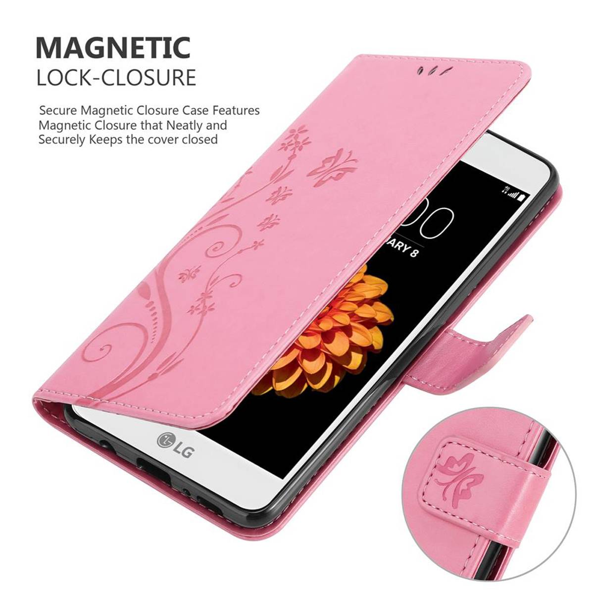 Cadorabo Hülle für LG K7 2016 Schutz Hülle in Rosa Schutzhülle Handy Hülle Etui Case Blumen Flower