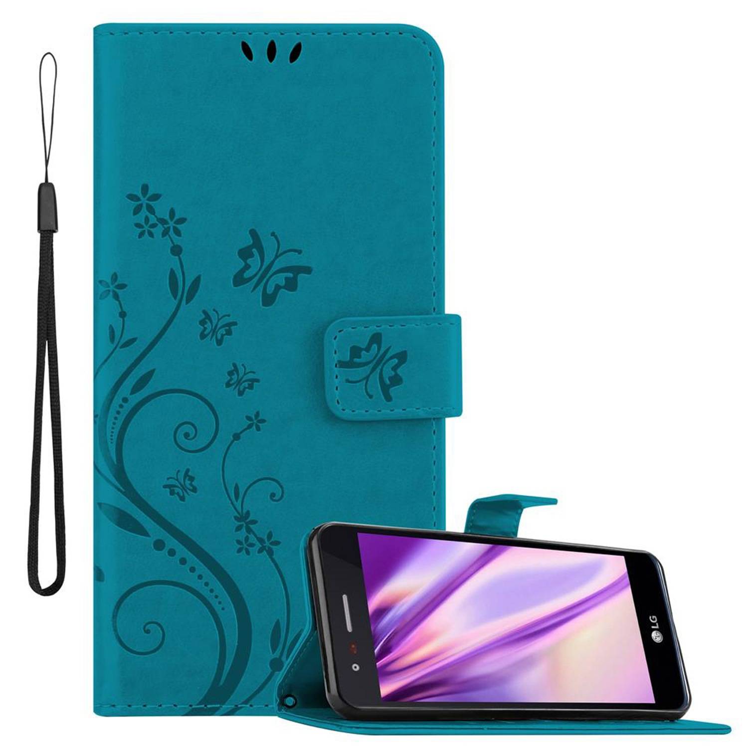 Cadorabo Hülle für LG K8 2017 Schutz Hülle in Blau Schutzhülle Handy Hülle Etui Case Blumen Flower