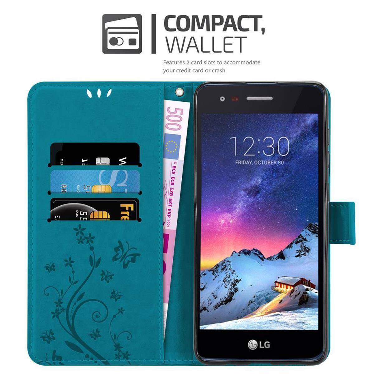 Cadorabo Hülle für LG K8 2017 Schutz Hülle in Blau Schutzhülle Handy Hülle Etui Case Blumen Flower