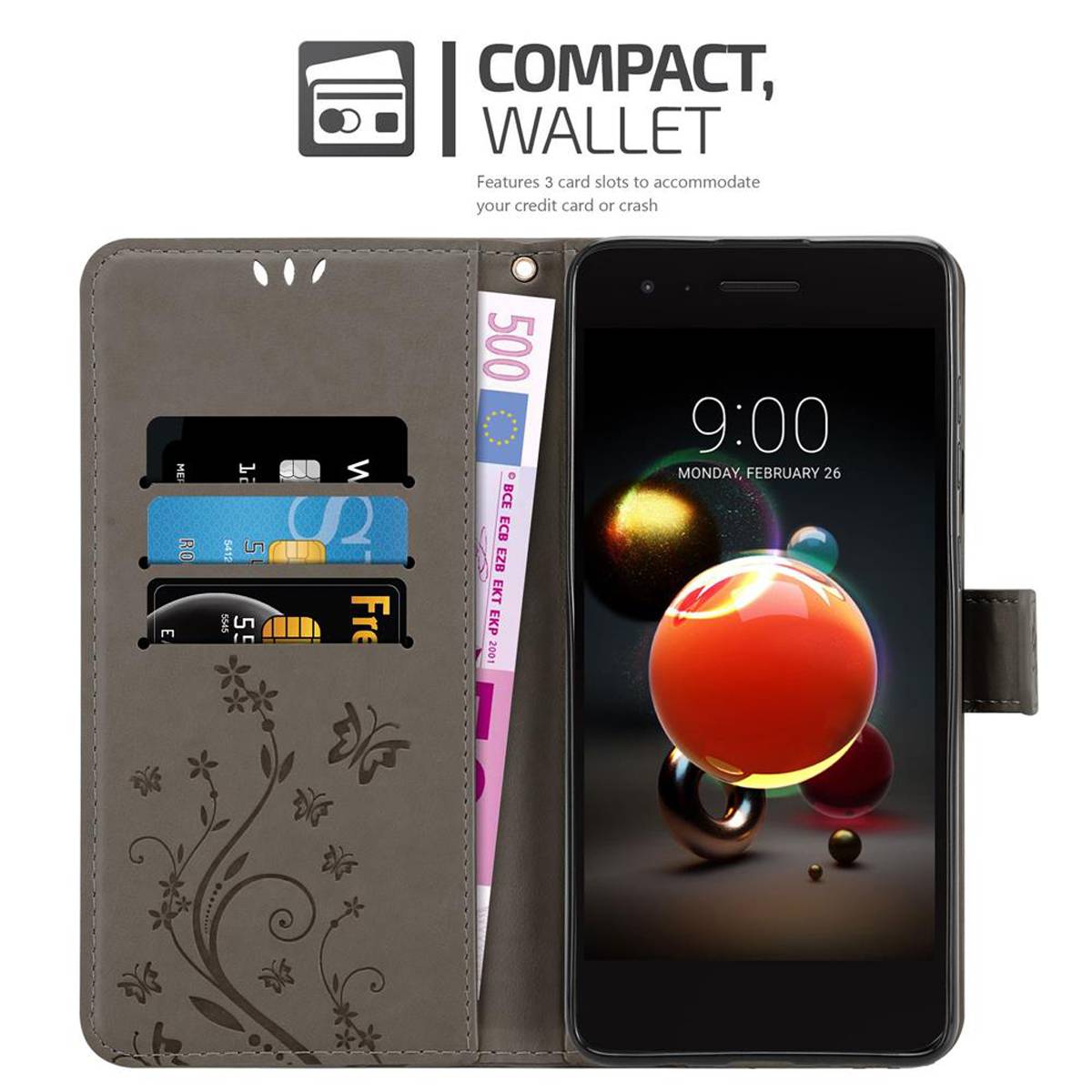 Cadorabo Hülle für LG K8 2018 / K9 2018 Schutz Hülle in Grau Schutzhülle Handy Hülle Etui Case Blumen Flower