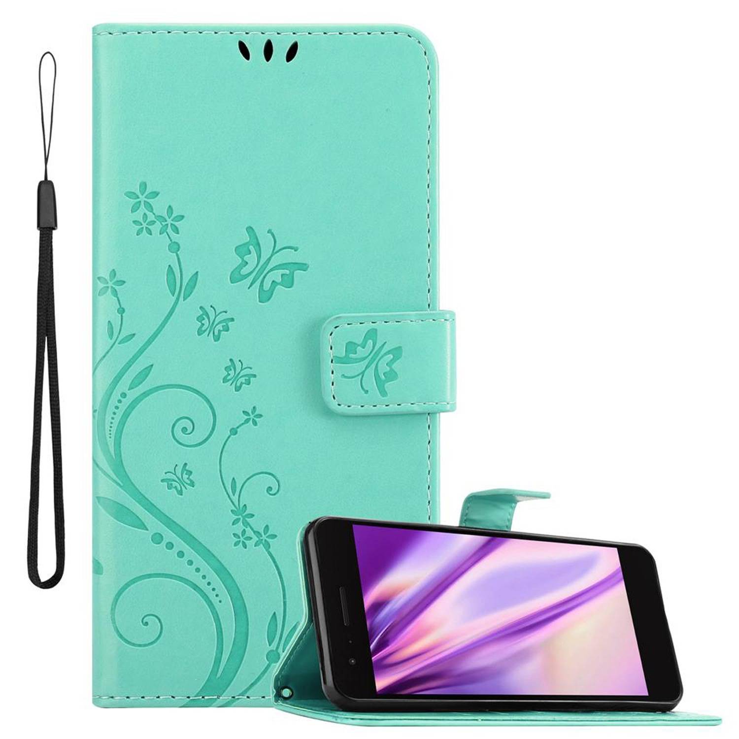 Cadorabo Hülle für LG K8 2018 / K9 2018 Schutz Hülle in Türkis Schutzhülle Handy Hülle Etui Case Blumen Flower