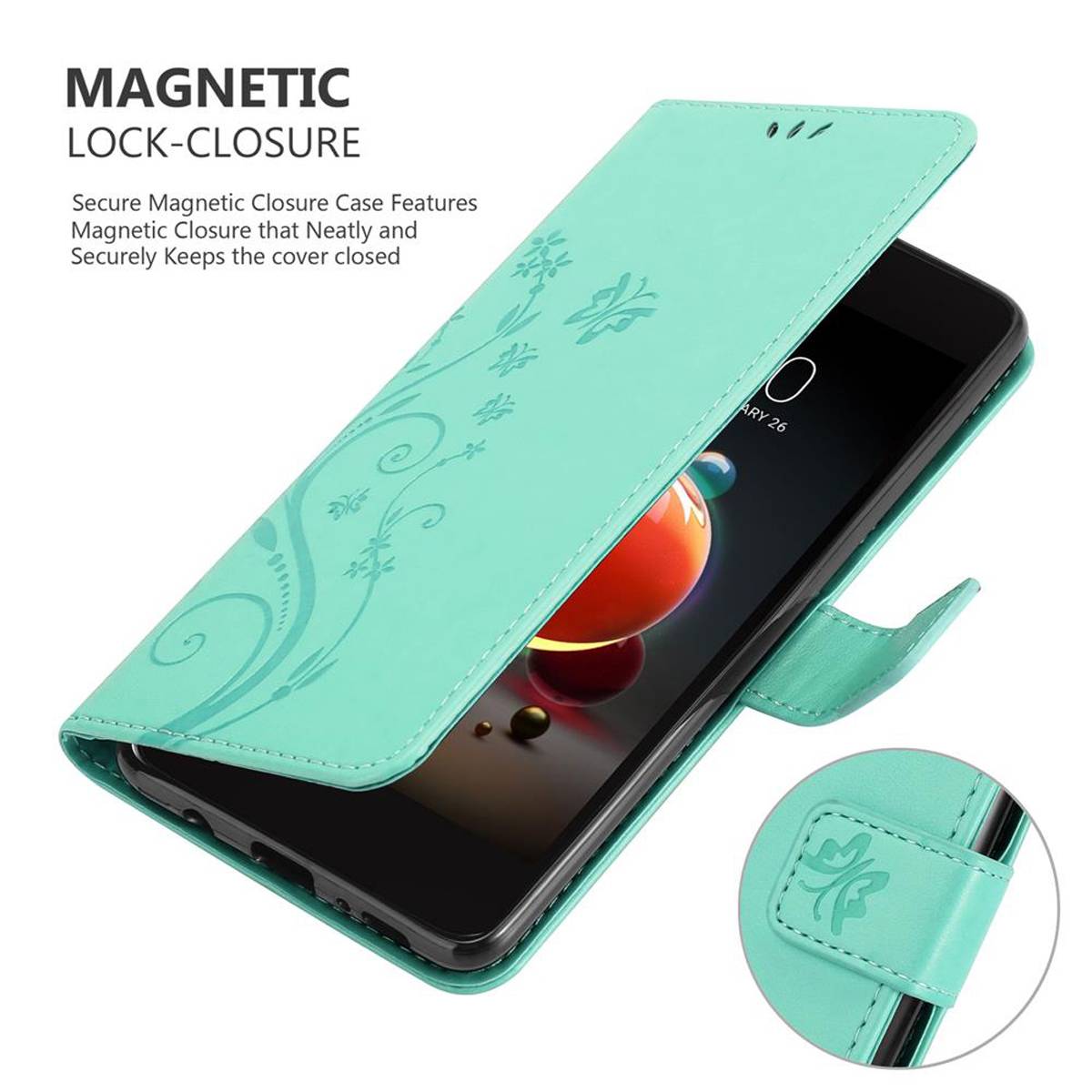 Cadorabo Hülle für LG K8 2018 / K9 2018 Schutz Hülle in Türkis Schutzhülle Handy Hülle Etui Case Blumen Flower