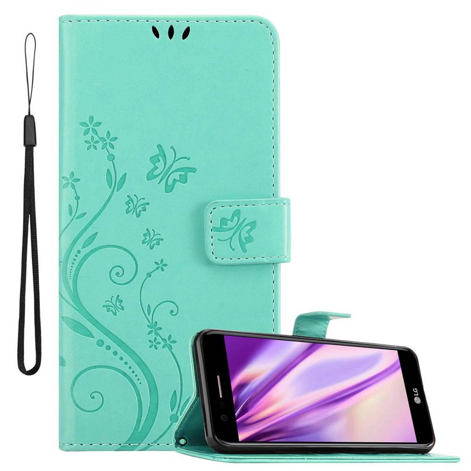 Cadorabo Hülle für LG K10 2017 Schutz Hülle in Türkis Schutzhülle Handy Hülle Etui Case Blumen Flower