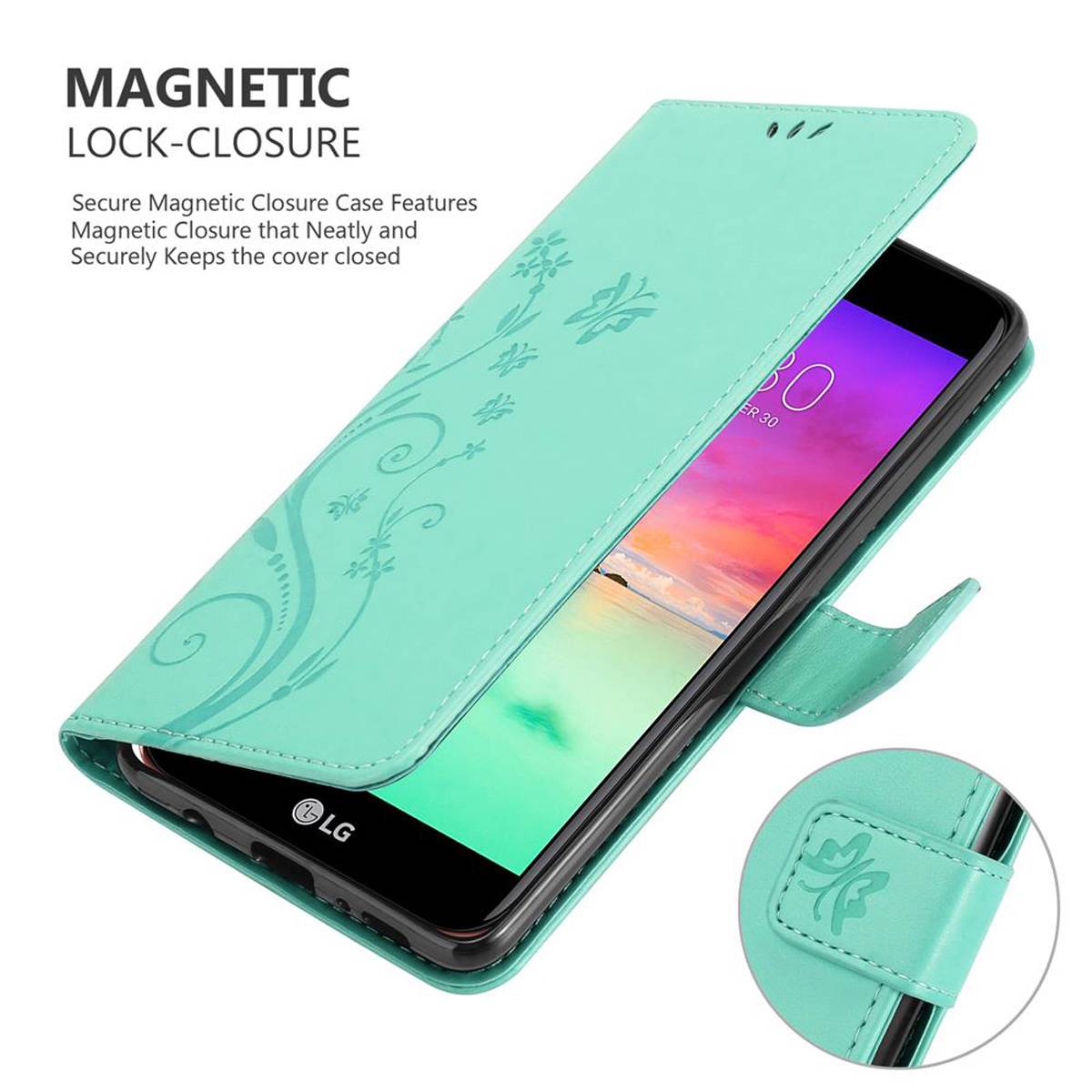 Cadorabo Hülle für LG K10 2017 Schutz Hülle in Türkis Schutzhülle Handy Hülle Etui Case Blumen Flower