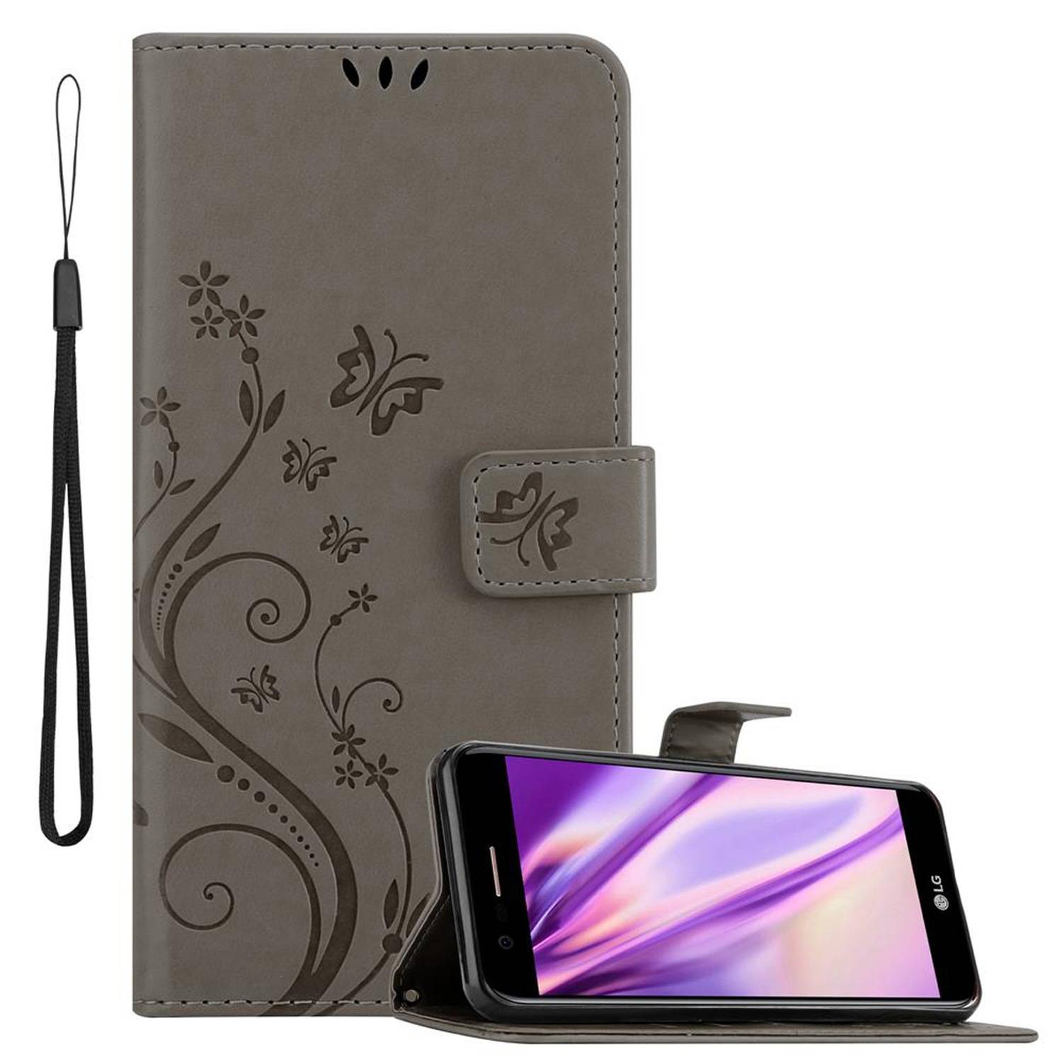 Cadorabo Hülle für LG K10 2018 / K11 / K11 PLUS Schutz Hülle in Grau Schutzhülle Handy Hülle Etui Case Blumen Flower