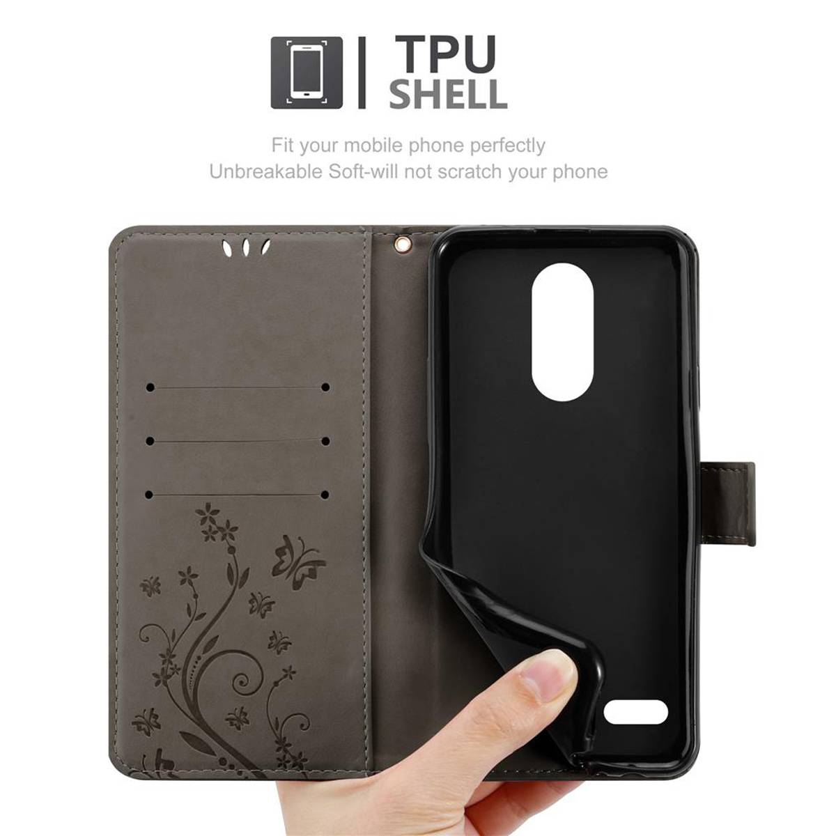 Cadorabo Hülle für LG K10 2018 / K11 / K11 PLUS Schutz Hülle in Grau Schutzhülle Handy Hülle Etui Case Blumen Flower