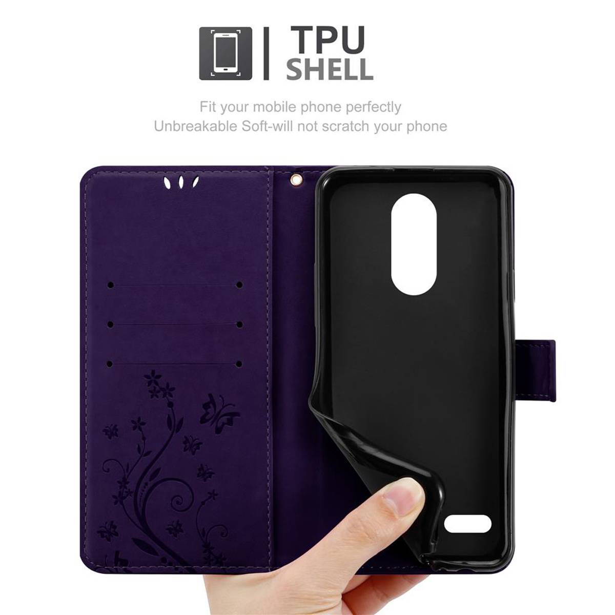 Cadorabo Hülle für LG K10 2018 / K11 / K11 PLUS Schutz Hülle in Lila Schutzhülle Handy Hülle Etui Case Blumen Flower