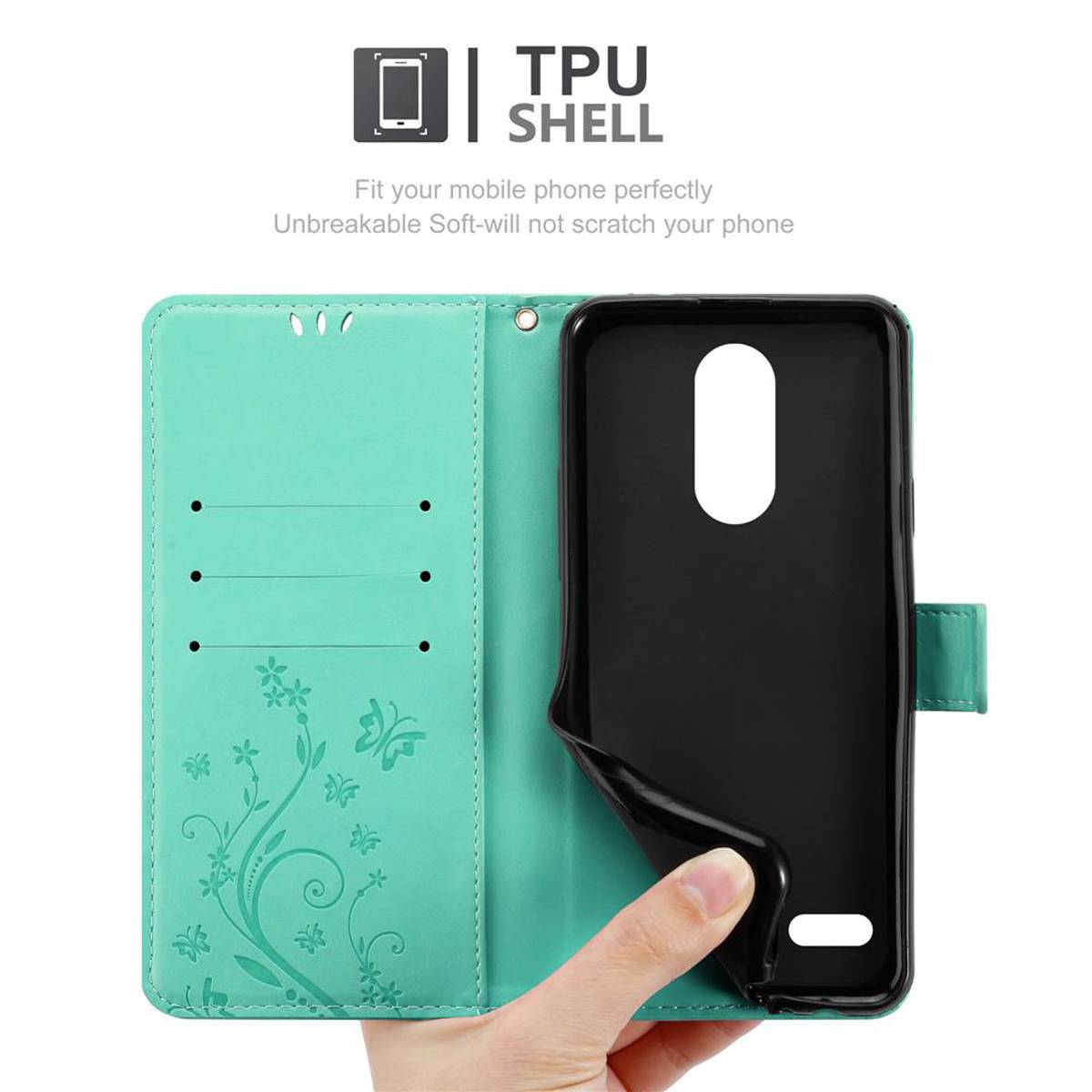 Cadorabo Hülle für LG K10 2018 / K11 / K11 PLUS Schutz Hülle in Türkis Schutzhülle Handy Hülle Etui Case Blumen Flower