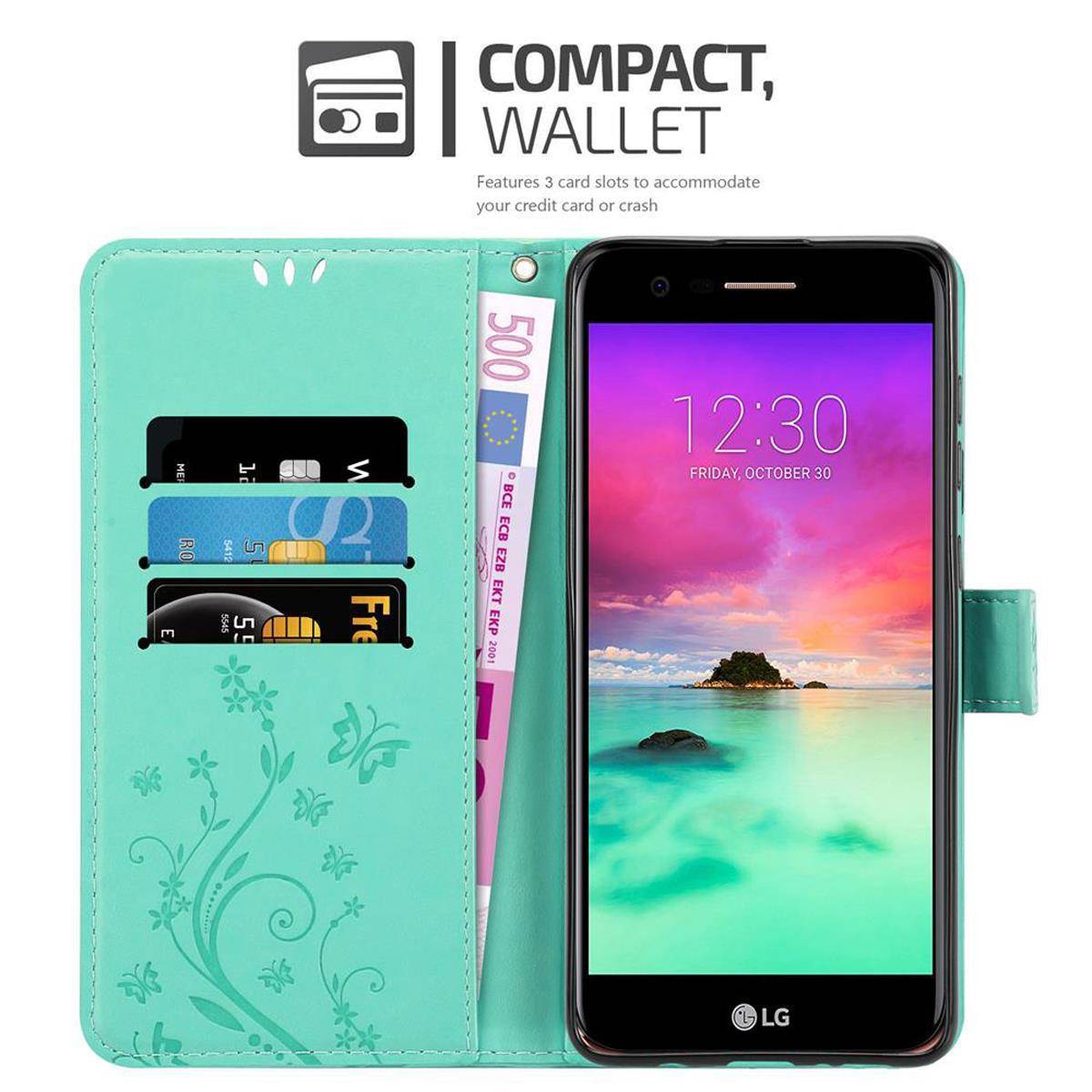Cadorabo Hülle für LG K10 2018 / K11 / K11 PLUS Schutz Hülle in Türkis Schutzhülle Handy Hülle Etui Case Blumen Flower
