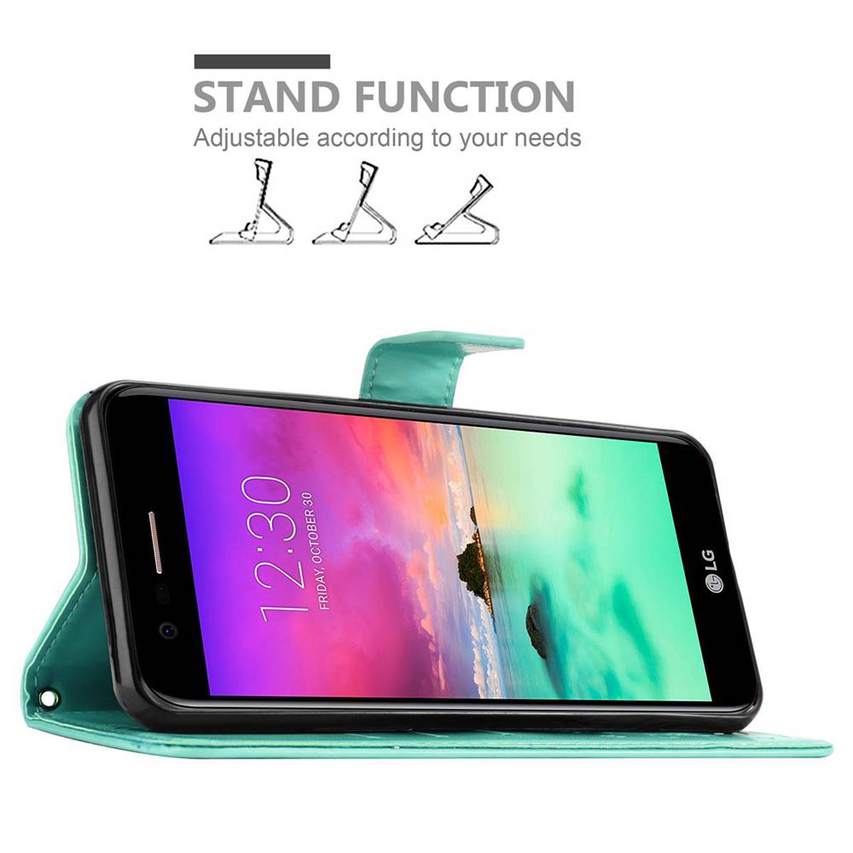 Cadorabo Hülle für LG K10 2018 / K11 / K11 PLUS Schutz Hülle in Türkis Schutzhülle Handy Hülle Etui Case Blumen Flower