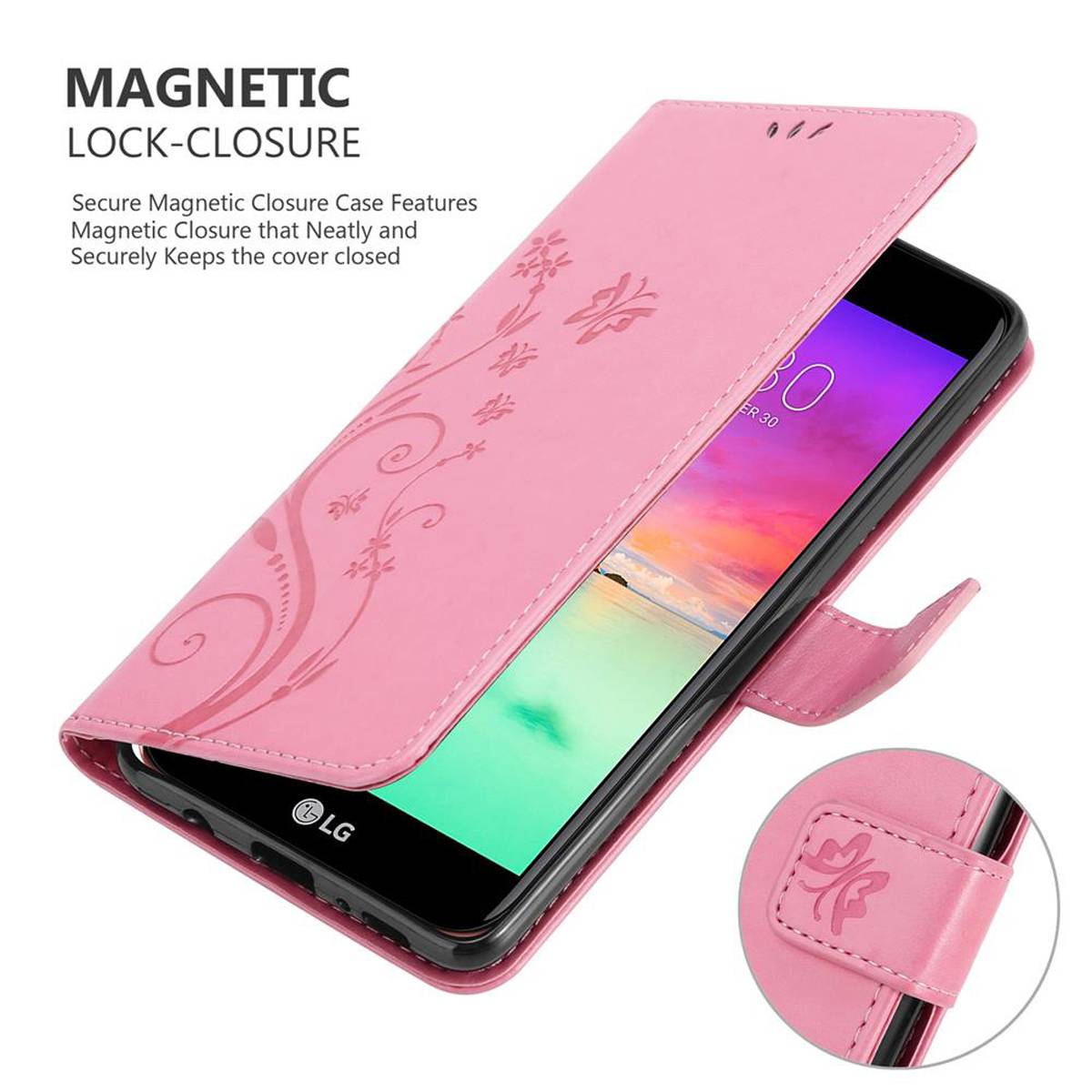 Cadorabo Hülle für LG K10 2018 / K11 / K11 PLUS Schutz Hülle in Rosa Schutzhülle Handy Hülle Etui Case Blumen Flower