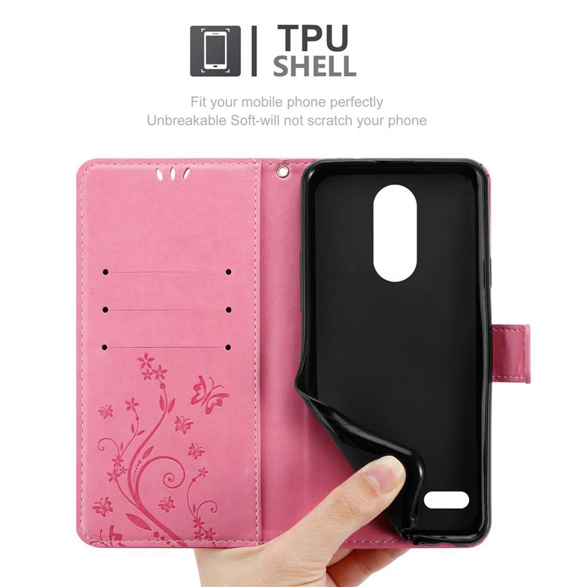 Cadorabo Hülle für LG K10 2018 / K11 / K11 PLUS Schutz Hülle in Rosa Schutzhülle Handy Hülle Etui Case Blumen Flower
