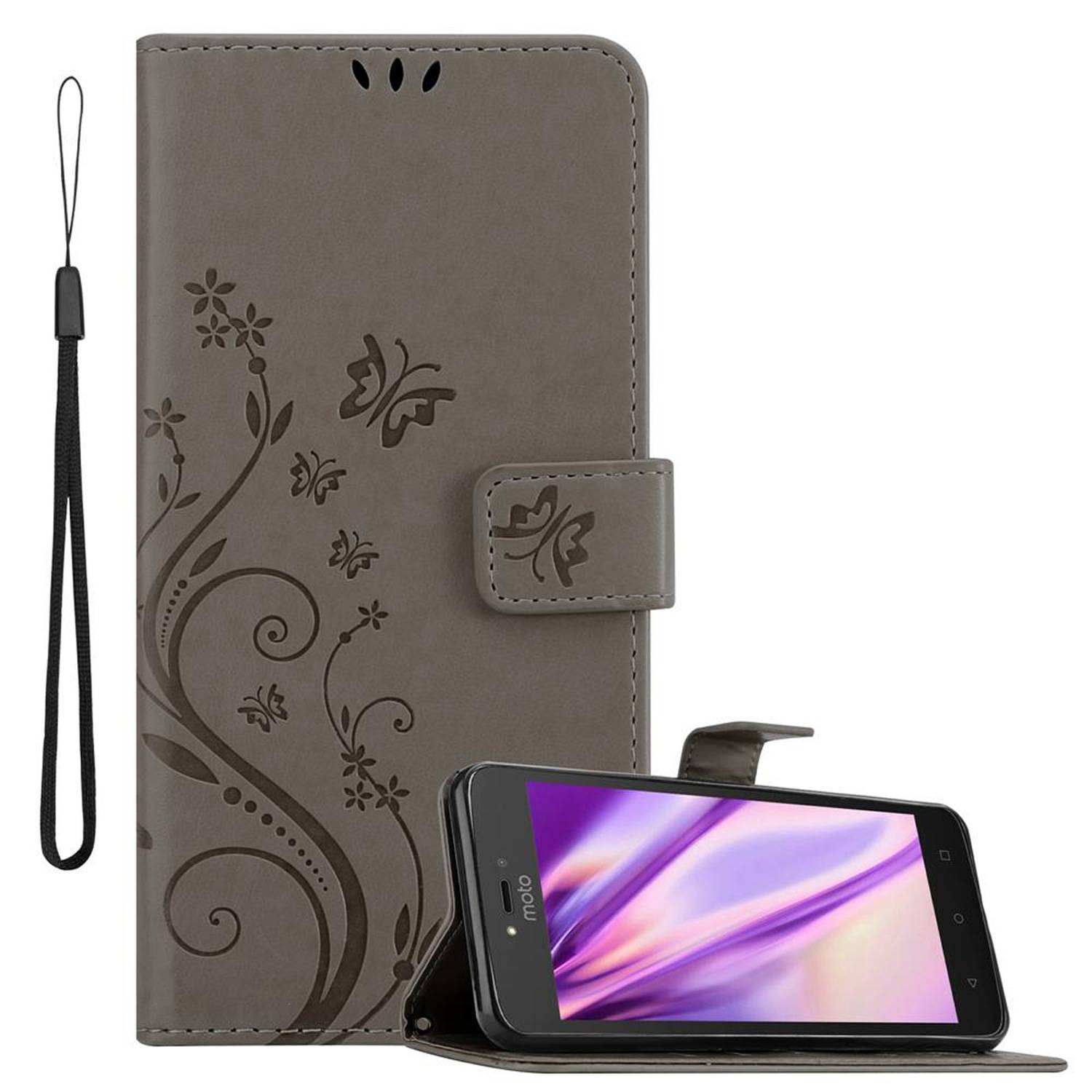 Cadorabo Hülle für Motorola MOTO C Schutz Hülle in Grau Schutzhülle Handy Hülle Etui Case Blumen Flower
