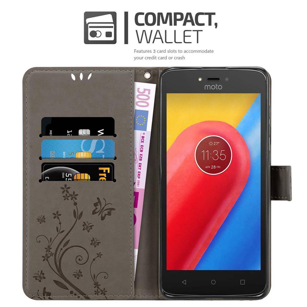 Cadorabo Hülle für Motorola MOTO C Schutz Hülle in Grau Schutzhülle Handy Hülle Etui Case Blumen Flower