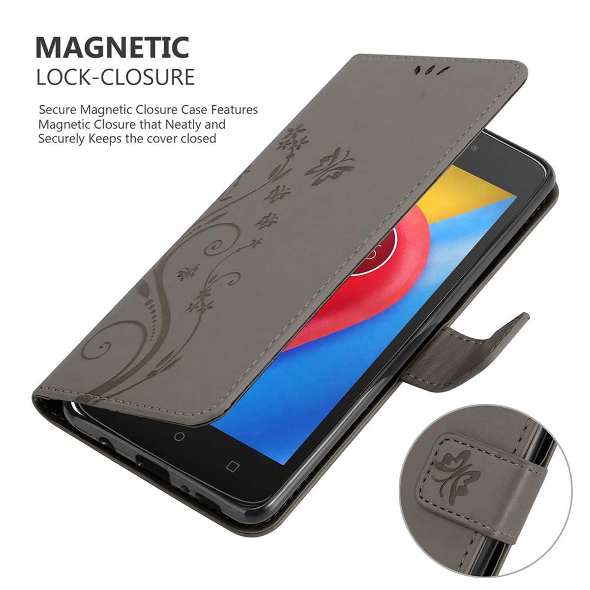 Cadorabo Hülle für Motorola MOTO C Schutz Hülle in Grau Schutzhülle Handy Hülle Etui Case Blumen Flower