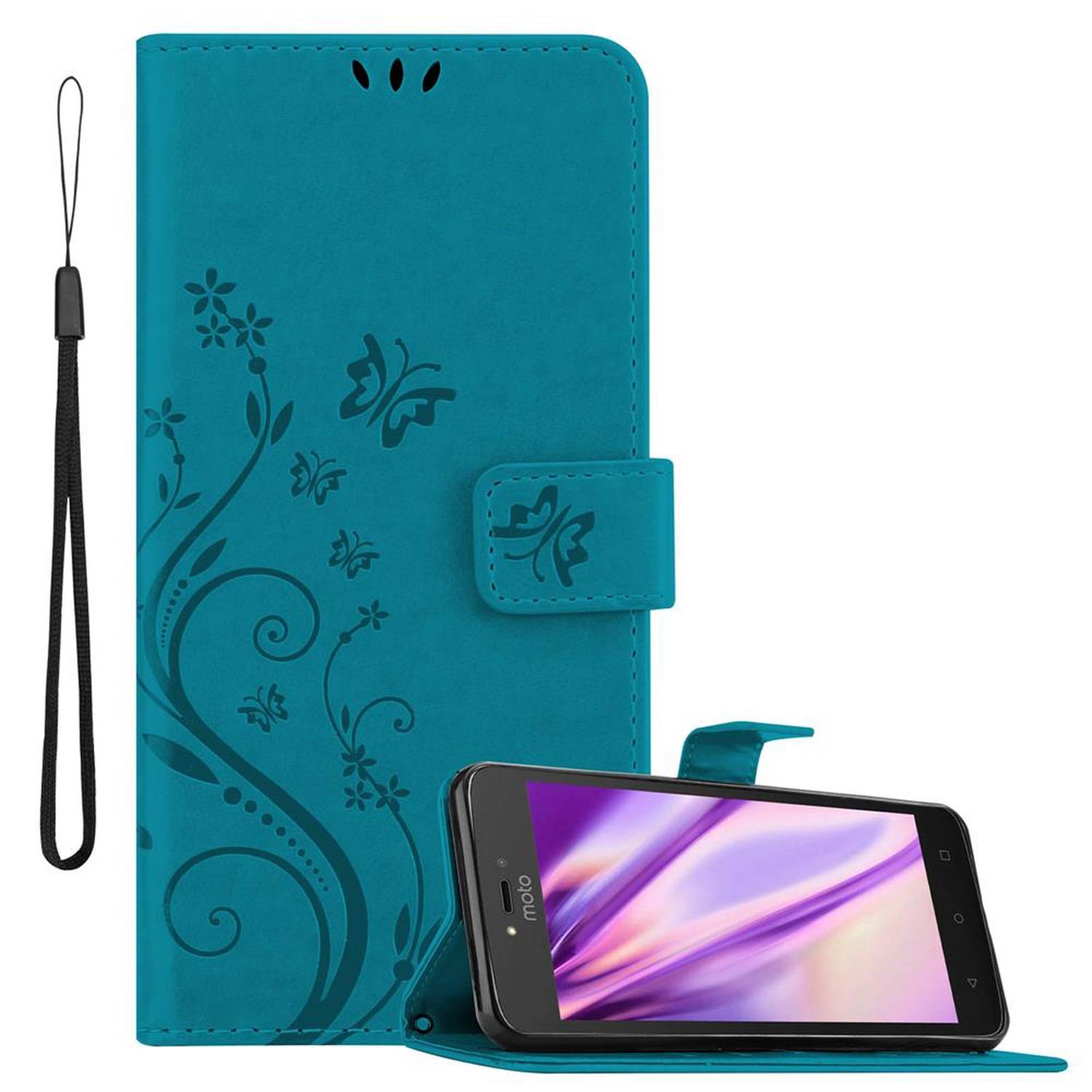Cadorabo Hülle für Motorola MOTO C Schutz Hülle in Blau Schutzhülle Handy Hülle Etui Case Blumen Flower