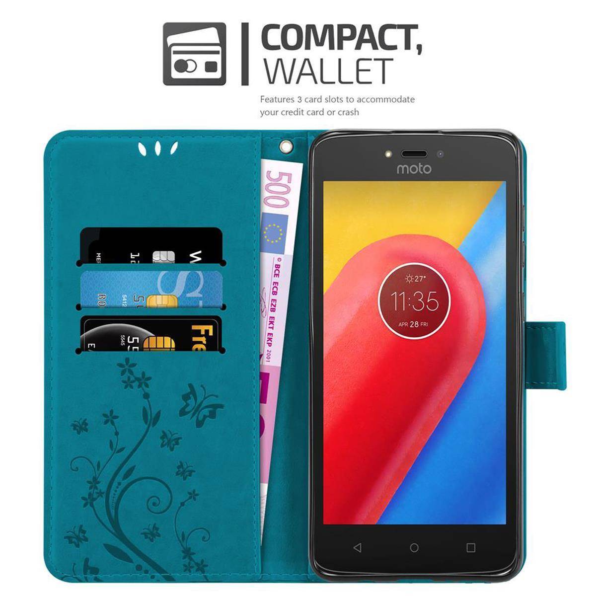 Cadorabo Hülle für Motorola MOTO C Schutz Hülle in Blau Schutzhülle Handy Hülle Etui Case Blumen Flower