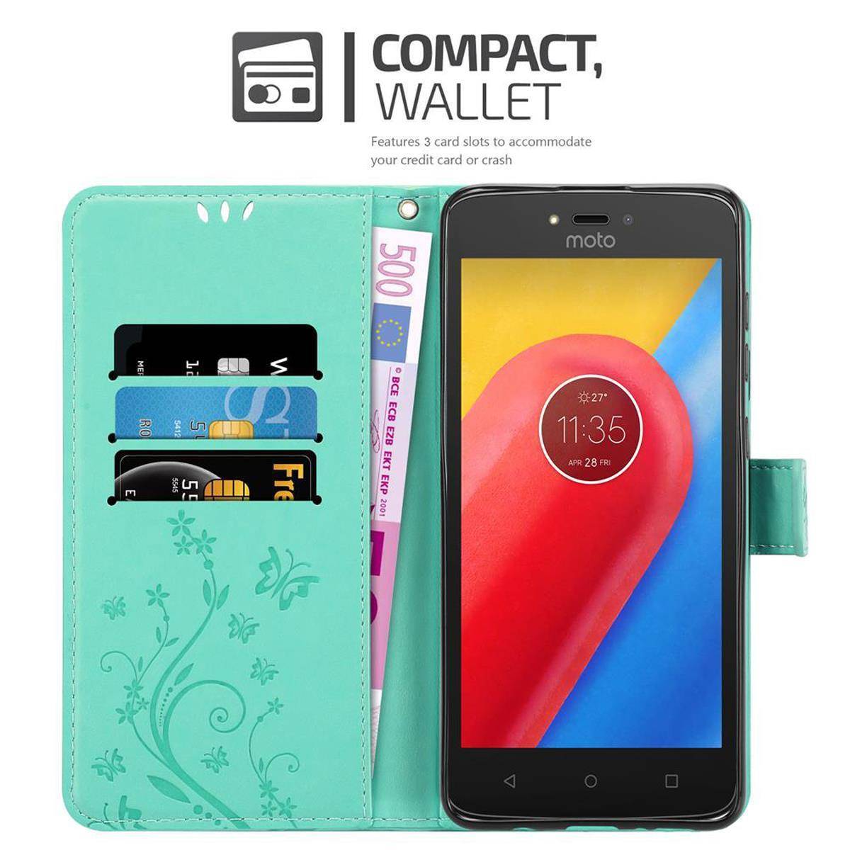 Cadorabo Hülle für Motorola MOTO C Schutz Hülle in Türkis Schutzhülle Handy Hülle Etui Case Blumen Flower